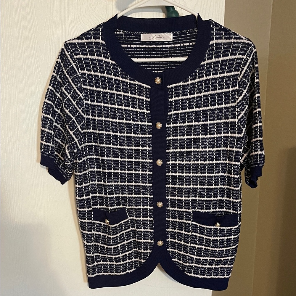 Stylish Navy and White Checkered Cardigan